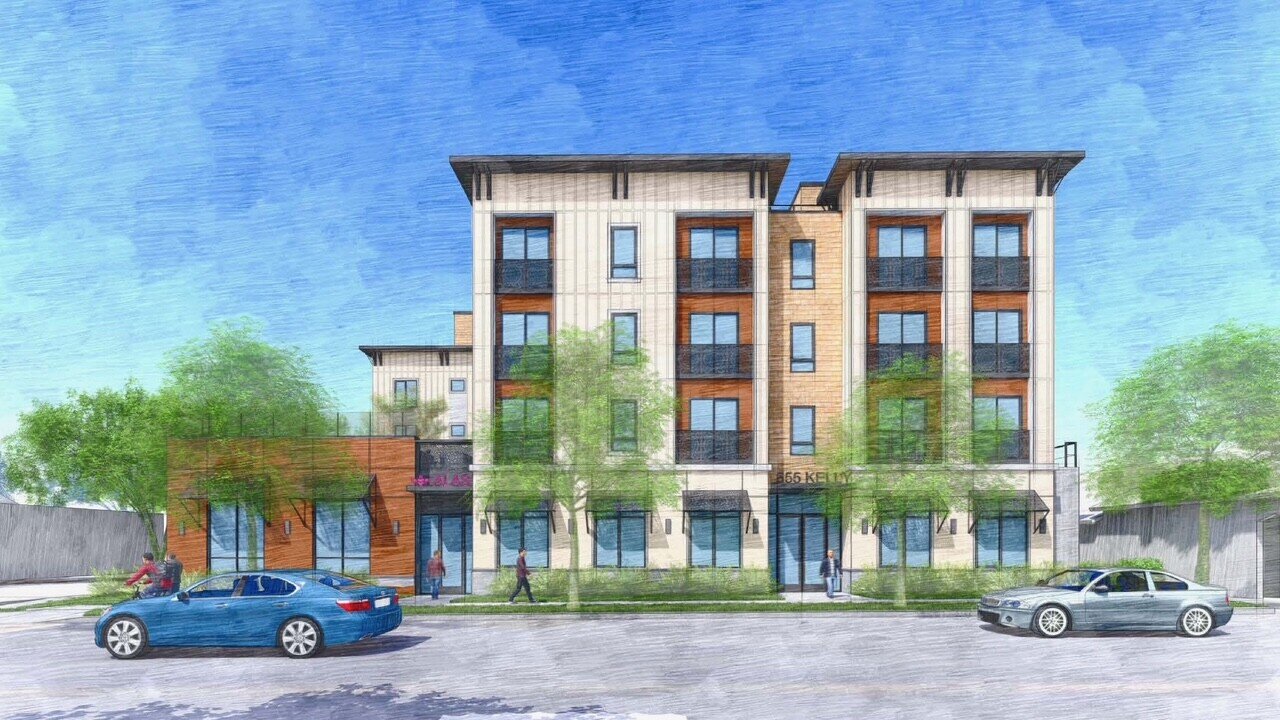 Architectural rendering of the 555 Kelly building, side view